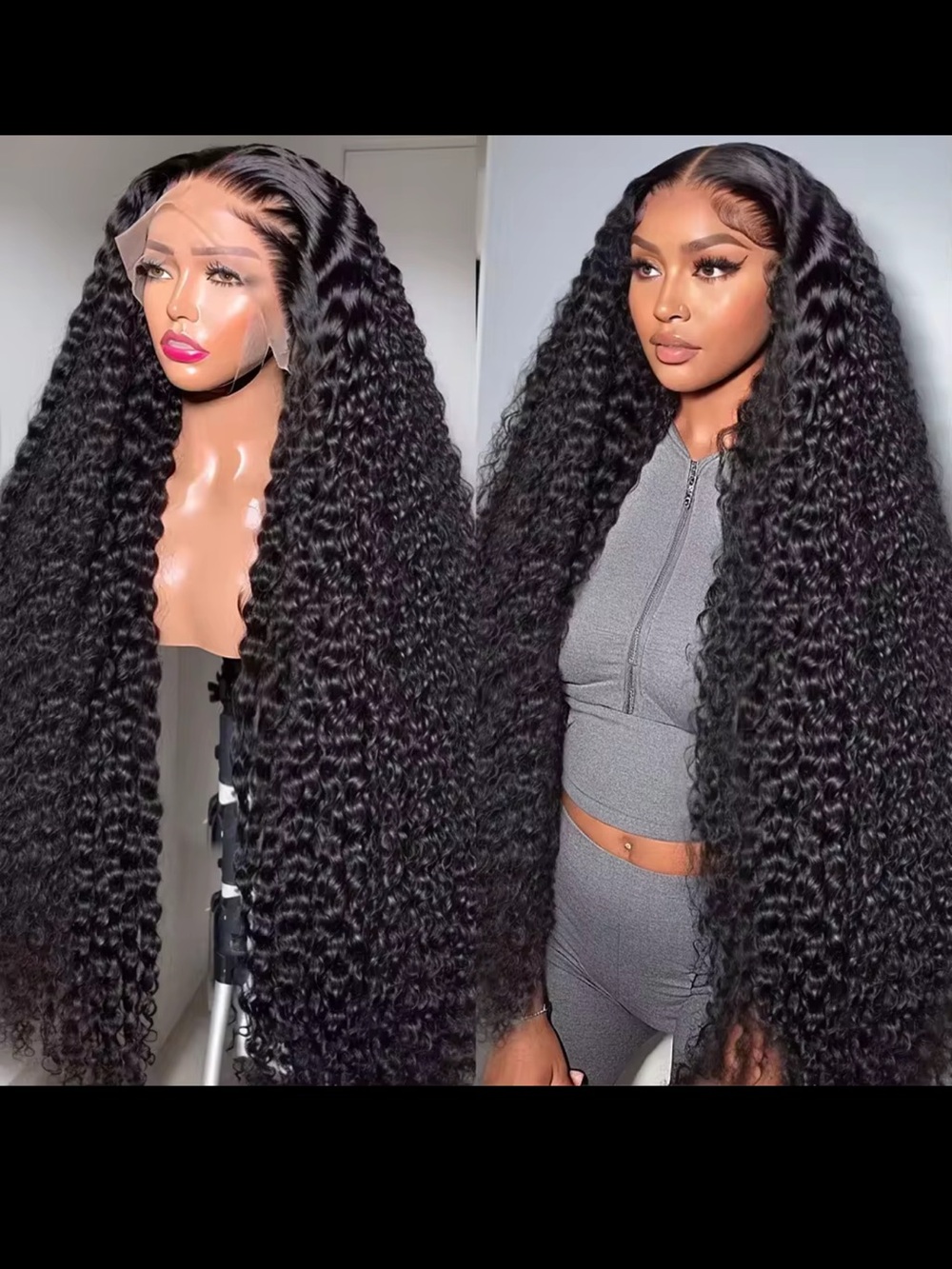 Deep Curly Long Lace Front Wig - Black human hair 200% density 30”